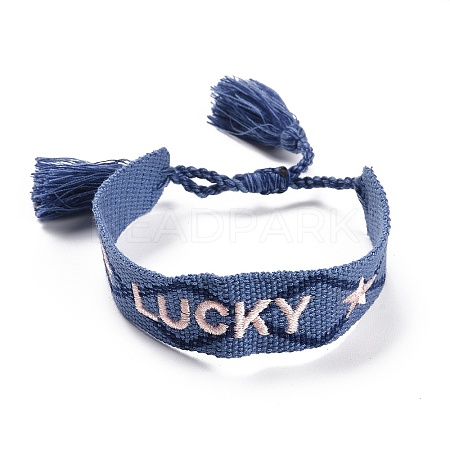 Word Lucky Polycotton(Polyester Cotton) Braided Bracelet with Tassel Charm LS-BJEW-F429-08-1