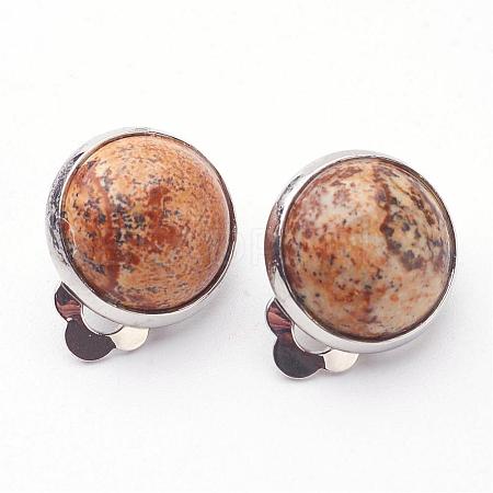 Natural Picture Jasper Brass Clip-on Earrings EJEW-A051-B004-1