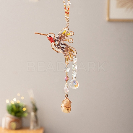Wire Wrapped Glass Beads & Metal Bird Hanging Ornaments PW-WG06B21-01-1