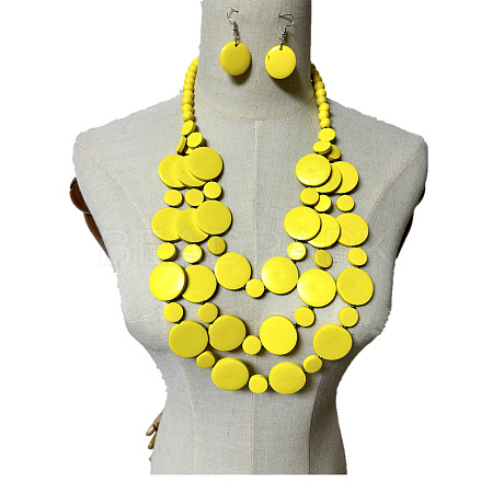 Ethnic Style Wood Flat Round Beaded Multilayer Necklaces & Dangle Earrings Sets WG19BD2-07-1