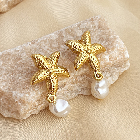 304 Stainless Steel Plastic Pearl Dangle Stud Earrings EJEW-G422-01G-01-1
