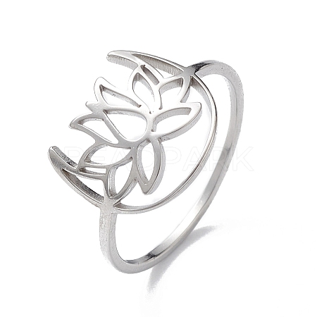 Hollow Out Lotus 304 Stainless Steel Finger Ring for Women RJEW-E073-06P-1