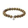 Natural Wood Round Beaded Stretch Bracelet with 304 Stainless Steel Charms BJEW-JB10164-3