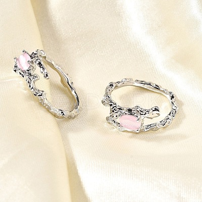 Oval Brass Cat Eye Cuff Rings for Women RJEW-U042-01P-1