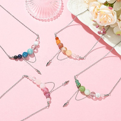 4Pcs 4 Styles Natural Mixed Stone Round Graduated Beaded Pendant 304 Stainless Steel Cable Chain Necklaces for Women NJEW-TA00242-1
