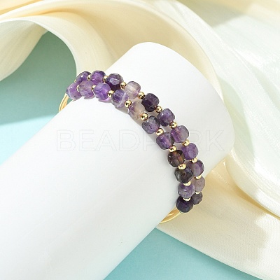 Cube Natural Amethyst & Freshwater Pearl Beaded Copper French Wire Wrap Cuff Bangles BJEW-JB13984-02-1