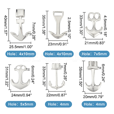 6Pcs 6 Styles 304 Stainless Steel Anchor Hook Clasps STAS-UN0050-80-1
