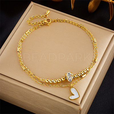 304 Stainless Steel Pave Clear Cubic Zirconia & Natural White Shell Heart Charm Double Layer Anklets for Women FS-WGDE261-01-1