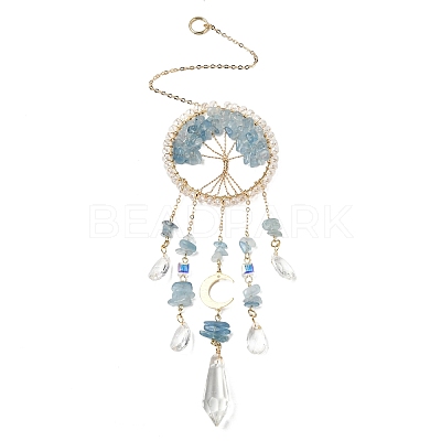 Wire Wrapped Natural Aquamarine Chip Tree of Life Window Hanging Prism Ornaments HJEW-TA00283-01-1