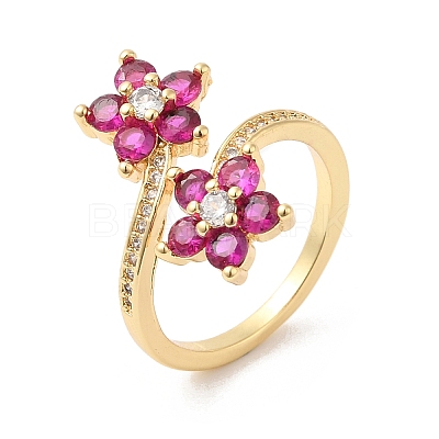 Cubic Zirconia Flower Open Cuff Rings RJEW-L106-009G-01-1
