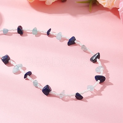 Natural Lapis Lazuli & Aquamarine Chip & Glass Seed Baeded Necklaces for Women NJEW-JN05603-02-1