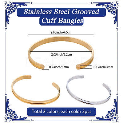 4Pcs 2 Colors C-Shaped 201 Stainless Steel Grooved Cuff Bangles BJEW-SC0001-65-1