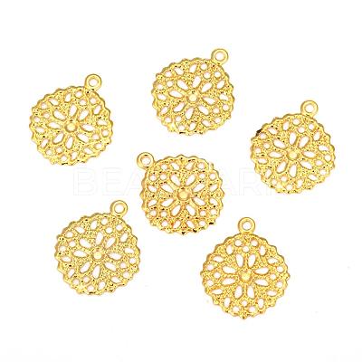 Flat Round Brass Flower Filigree Findings Charms Pendants X-KK-O015-05G-1