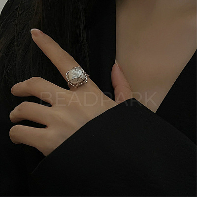 Square Rhodium Plated 925 Sterling Silver with Natural Baroque Freshwater Pearl Finger Rings for Women FS-WGEDC89-01-1