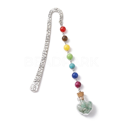 7 Chakra Gemstone Bead & Natural Green Aventurine Glass Heart Wishing Bottle Pendant Bookmarks AJEW-JK00313-06-1