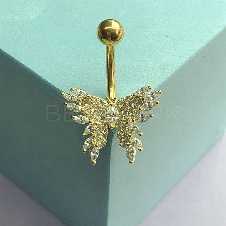 Brass Pave Clear Cubic Zirconia Curved Barbell Butterfly Belly Rings LS-AJEW-L099-01A-G-1