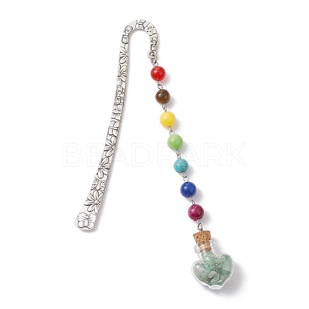 7 Chakra Gemstone Bead & Natural Green Aventurine Glass Heart Wishing Bottle Pendant Bookmarks AJEW-JK00313-06-1