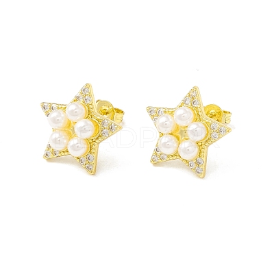 Cubic Zirconia Star Stud Earrings with Glass Pearl EJEW-H086-07G-1