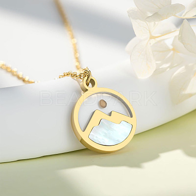 Flat Round 201 Stainless Steel Pave Natural Shell Mustard Seed Pendant Necklaces for Women WG511AE-05-1