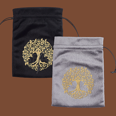 2Pcs 2 Styles Rectangle Gold Stamping Tree of Life Velvet Tarot Storage Drawstring Bags for Divination ABAG-CN0001-53-1