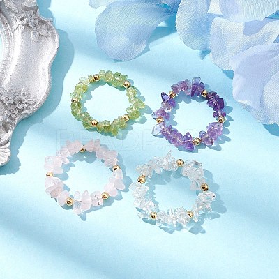 Natural Mixed Gemstone Chips Beaded Stretch Ring RJEW-JR00646-1