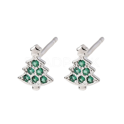 Brass Micro Pave Cubic Zirconia Charistmas Tree Stud Earrings EJEW-L278-09P-1