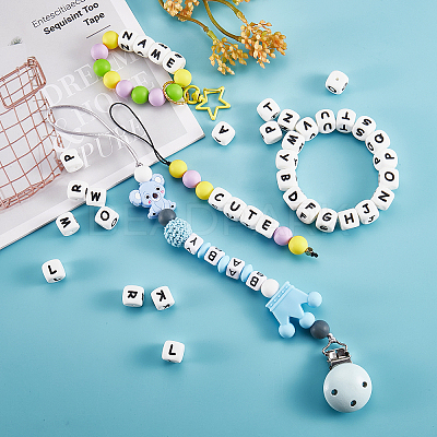 20Pcs White Cube Letter Silicone Beads 12x12x12mm Square Dice Alphabet Beads with 2mm Hole Spacer Loose Letter Beads for Bracelet Necklace Jewelry Making JX432W-1