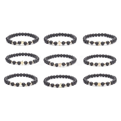 9Pcs 9 Style Bear & Cross & Moon & Crown & Heart & Butterfly Brass Beaded Stretch Bracelets Set BJEW-JB08905-1