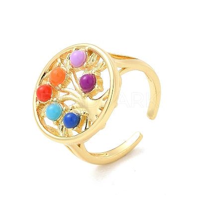 Colorful Resin Beaded Tree of Life Open Cuff Ring RJEW-G274-02G-1