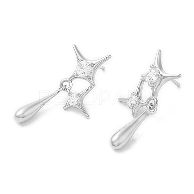 Rack Plating Brass Pave Cubic Zirconia Star with Teardrop Dangle Stud Earrings for Women EJEW-D059-25P-1