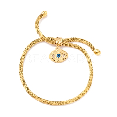 PVD Vacuum Plating Enamel Evil Eye Charm Slider Bracelet with Round Mesh Chain for Women BJEW-C013-04G-1