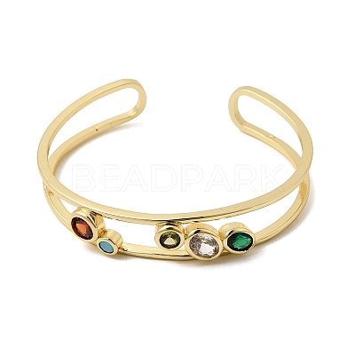 Flat Round Brass Micro Pave Cubic Zirconia Double Layer Cuff Bangles for Women BJEW-K274-16G-1
