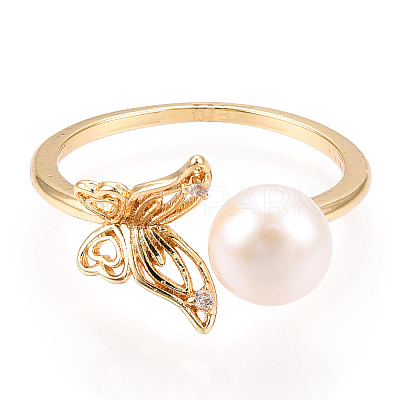 Natural Pearl Open Cuff  Ring Micro Pave Clear Cubic Zirconia PEAR-N022-C06-1