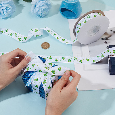 Saint Patrick's Day Polyester Shamrock Printed Grosgrain Ribbons SRIB-WH0011-304B-1