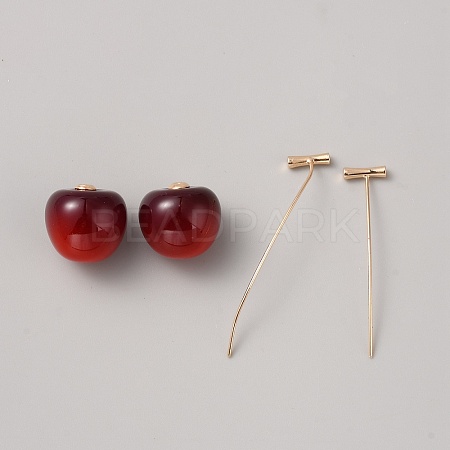 Red Resin Cherry Dangle Stud Earrings EJEW-SZC0003-01G-1