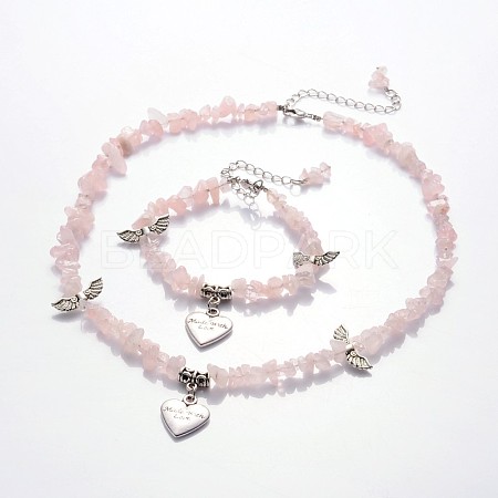 Natural Rose Quartz & Alloy Heart Pendant Necklaces and Charm Bracelets Jewelry Sets For Valentine's Day SJEW-JS00845-01-1