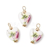 Heart Shaped Pink Floral Printed Porcelain Pendants PALLOY-JF03972-1
