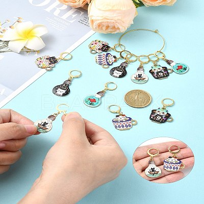 Cat Alloy Enamel Pendant Locking Stitch Markers HJEW-YW00021-1