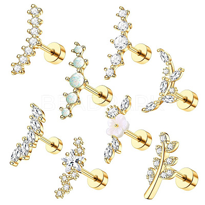 8Pcs 8 Styles Brass Micro Pave Clear Cubic Zirconia and Acrylic Cartilage Earrings WG69006-01-1