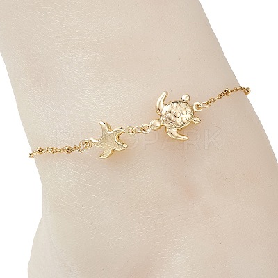 Summer Beach 304 Stainless Steel Turtle Starfish Link Chain Anklets for Women AJEW-AN00789-1