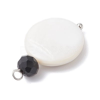 4Pcs 4 Styles Natural Shell & Black Glass Flat Round Pendants PALLOY-JF04290-1