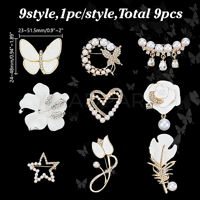 9Pcs 9 Styles Alloy Rhinestone Brooches for Backpack Clothes JEWB-AR0001-19-1