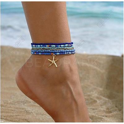 Multilayer Glass Seed Beads Starfish Pendant Anklet for Women PW-WG7288D-04-1