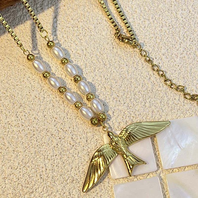 304 Stainless Steel & Plastic Imitation Pearl Bird Pendant Necklaces for Women NJEW-P330-02G-1