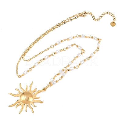 304 Stainless Steel with ABS Imitation Pearl Sun Pendant Necklaces NJEW-Z107-01G-1