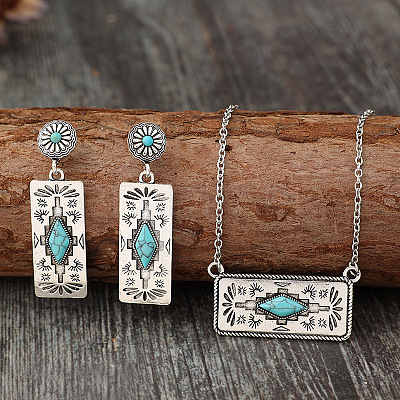 Western Aztec Alloy & Synthetic Turquoise Stud Earrings & Pendant Necklaces Sets FS-WGDC47F-01-1