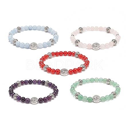 5Pcs 5 Style Natural Gemstone & Synthetic Hematite & Alloy Saint Benedict Beaded Stretch Bracelets Set for Women BJEW-JB08965-1