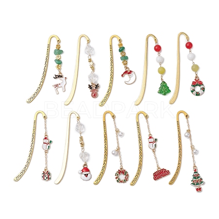 10Pcs 10 Styles Christmas Theme Alloy Enamel Pendant Bookmarks AJEW-JK00339-1