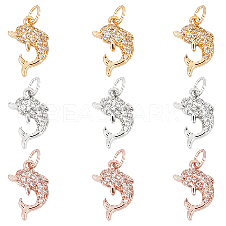 Beebeecraft 9Pcs 3 Colors Brass Micro Pave Cubic Zirconia Charms ZIRC-BBC0001-34-1