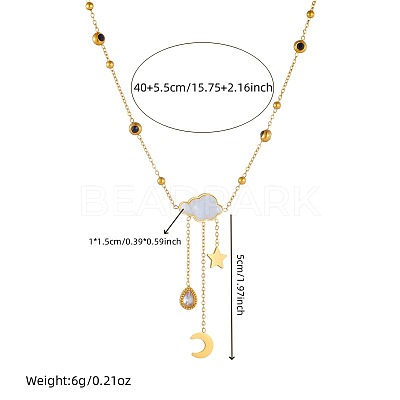 304 Stainless Steel Pave Clear Cubic Zirconia with Natural White Shell Cloud with Moon Star Tassel Pendant Necklaces for Women FS-WG2EBDD-01-1